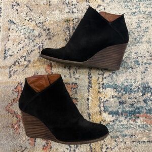 Lucky Brand ankle wedge booties, black suede size 9M.